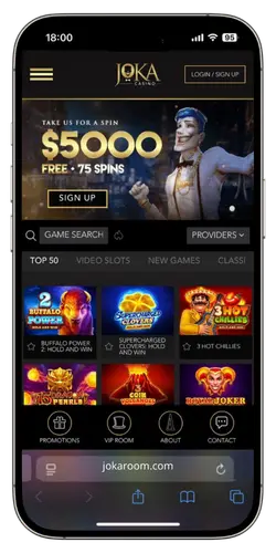 Joka Room casino mobile casino home page displayed on smartphone screen