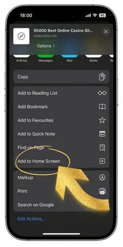 Joka Room VIP Mobile Casino add to home screen confirmation on mobile device